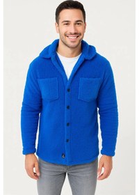 Resim Barlashive Erkek Pelüş Polar Hırka Gömlek Yakalı İlik Düğmeli Göğüs Cepli Yumuşak - Saks Mavisi Çok Renkli 