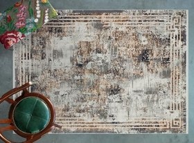 Resim Mavi Çerçeveli Modern Geometrik Etnik Eskitme Desenli Boho Makinada Yıkanabilir Hafif Hav Toz Vermez Leke Tutmaz Kaymaz Taban Dijital Makine Baskı Halı Oturma Odası Salon Yolluk Koridor Mutfak Halısı 