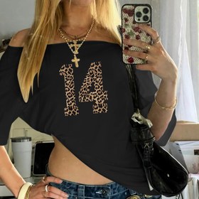 Resim Leopar Desenli Sayı 14 Grafik Asimetrik Omuzdan Dizine Y2K Kadın T-Shirt 