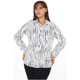 Resim Büyük Beden Klasik Kadın Desenli Gömlek Beyaz 