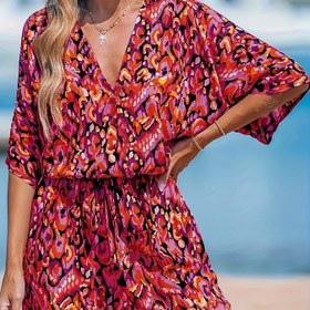 Resim Kadınların Canlı Leopar Desenli V Yaka Kısa Kollu Tulum, Ayarlanabilir Kemer - Bahar/Yaz Tatili Stili, Kısa Boyunlu Flared Bodysuit 