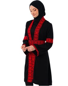Resim Zaytoon Tesettür Kaban Filistin Nakışlı Kırmızı Siyah Kısa Kaban Abaya Kadın 