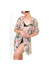 Resim Pareo Plaj Elbisesi Kimono Std Yazlık Oversize Tül Gömlek Kemerli Elbise Ananas Somon 