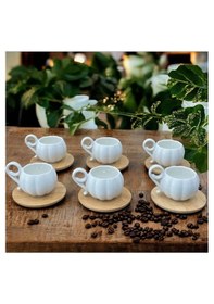Resim 6 Kişilik Bambu Tabaklı Beyaz Porselen Kahve Fincan Takımı 