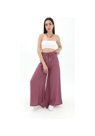 Resim Wpr Geniş Kemerli Bol Paça Düz Keten Kadın Pantolon - Lila-lila Lila 