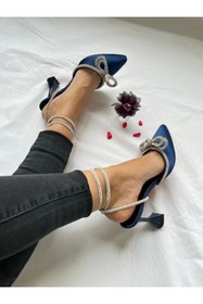 Resim Gamze Shoes Lacivert Renk Saten Bilekten Bağlama Fiyonk Taşlı 