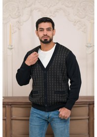 Resim Woolen World Regular Fit V Yaka Ön Cepli Desenli Triko Hırka Lacivert 