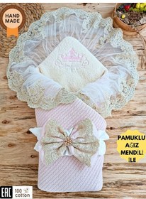 Resim Mint Triko Örgü Bebek Kundağı - Pamuklu & Dantelli Yenidoğan Bebek Battaniyesi Pudra 