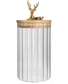 Resim Morponi 3'lü Borosilikat Cam Gold Geyik Figürlü Bambu Kapaklı Kavanoz 1000 Ml Şeffaf 
