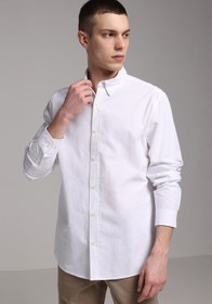 Resim Regular Fit Pamuklu Shirt Neck Düz Erkek Beyaz Uzun Kol Gömlek Colin's