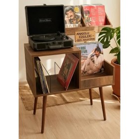 Resim Rmd Shop Sera Plak ve Pikap Sehpası 78x44x80 cm | Ahşap Plaklık Organizer, Gramofon Standı, Çift Bölmeli Plak Düzenleyici 