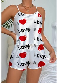 Resim Hello Papana Hello Papana Love Desenli Beyaz Saten Şortlu Gecelik Takım Çok Renkli 