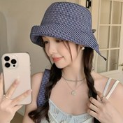 Resim 1 adet Kadın Geniş Kenarli Kova Şapka - Mavi ve Beyaz Gingham Kontrol Deseni, Nefes Alabilen Polyester, Ayarlanabilir Askı, Tatil, Seyahat ve Rahat Çıkışlar için Mükemmel, Tatil Başlığı | Şık Başlık | Dayanıklı Başlık 