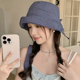 Resim 1 adet Kadın Geniş Kenarli Kova Şapka - Mavi ve Beyaz Gingham Kontrol Deseni, Nefes Alabilen Polyester, Ayarlanabilir Askı, Tatil, Seyahat ve Rahat Çıkışlar için Mükemmel, Tatil Başlığı | Şık Başlık | Dayanıklı Başlık 