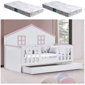 Resim Yavrulu Karyola, Bello Yavrulu Montessori Yatak - Pembe + 2 Adet Comfort Yatak 