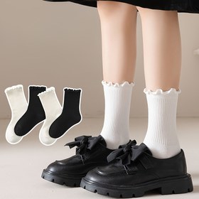 Resim 5 Çift Kız Çocuk Dantel Tek Renk Orta Boy Çorap, Yumuşak ve Rahat Öğrenci Çorabı, Okula Dönüş Sezonu İçin Şık Minimalist Crew Çoraplar 