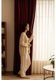 Resim Süet Elit Kadife Dokulu Natural Fon Perde Salon Oturma Odası Yatak Odası Antre Bordo 