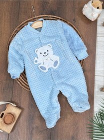 Resim 101 Dalmaçyalı Peluş Ayıcık Nakışlı Patikli Çıtçıtlı Kışlık Erkek Bebek Tulum Buz Mavi 