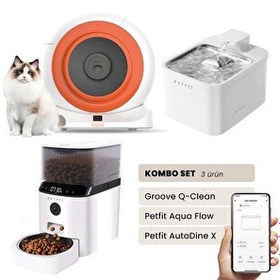 Resim Groove Q-Clean Otomatik Kedi Tuvaleti Turuncu - Petfit Aqua Flow Akıllı Su Pınarı - Petfit AutoDine X Otomatik Mama Kabı 