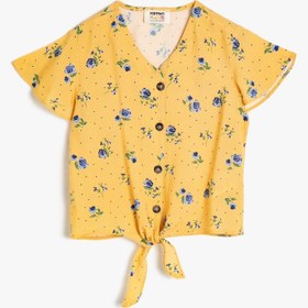 Resim Kız Çocuk Çiçekli Dökümlü Kumaştan Fırfırlı Belden Bağlamalı Gömlek 