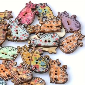Resim 50 adet Vintage Rastgele Renk 2 Delikli Kedi Şekilli Ahşap Düğmeler DIY Giyim El Yapımı Scrapbooking Craft Için Dekoratif Ahşap Düğmeler 