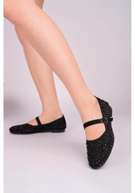 Resim Nesilshoes Nesil Shoes Ceylan 3170 Siyah Triko Taş Detaylı Kadın Babet 
