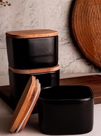 Resim Amandus Luma Soft Siyah - 3'lü Ahşap Vakumlu Kapaklı Seramik Kahvaltılık Seramik Kase Çerezlik 300 ml Siyah Tek Ebat 