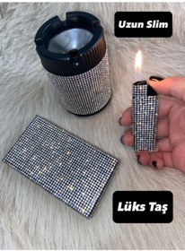 Resim Lüks Taş Taşli Sigara Kutusu, Çakmak Ve Küllük (UZUN SLİM) 