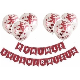 Resim Benimle Evlenirmisin Banner Kırmızı Konfetili Şeffaf Balon Set 