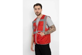 Resim Fosforlu Isimlikli Ikaz Yeleği Fermuarlı Kapaklı Cepli (Mühendis Tipi Kalın) Çift Renk Kırmızı 
