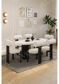 Resim Avvio Verona Bohem Ayak 6'lı Metal Pofi Demonte Sandalye 80x160 Masa Sandalye Takımı Beyaz Masa Sandalye Siyah Kumaş Krem 