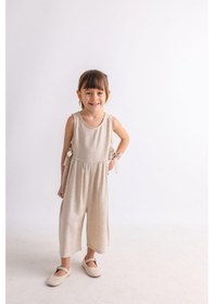 Resim Oliven The Kid Oliventhekid Bej Naturel Keten Yazlık Kolsuz Arkası Düğmeli Çift Bağcıklı Kız Çocuk Tulum Bej Bej 