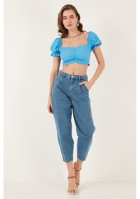 Resim Lela Slim Fit Büzgü Detaylı Kalp Yaka Crop Bayan Bluz 5865601 Mavi 