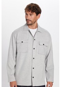 Resim Tudors Erkek Relax Fit Rahat Kesim Çift Cepli Örme Gri Apaş Yaka Gömlek-32947 Gri 