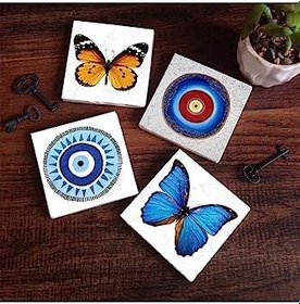 Resim Nazar, Kelebek Taş Bardak Altlığı Seti - 4 Parça - Dekoratif, Rustik Mutfak Aksesuarı, 10x10 cm, Kaydırmaz Tabanlı, Şık ve Dayanıklı SC199 