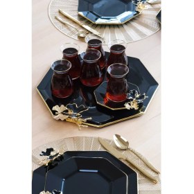 Resim Glore Dolmabahçe Sekizgen Siyah Altın Yaldızlı Cam Tepsi 