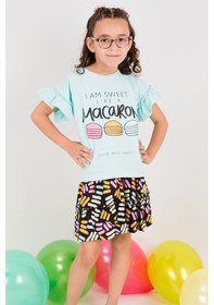 Resim Hçm Kız Çocuk Tshirt Etek Takım Makaron Baskılı B23 Turkuaz 
