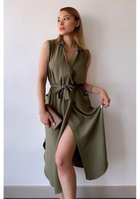 Resim WeShaya Kadın Haki Kalın Askılı, Kruvaze Yaka, Düz Desen, Aerobin Yırtmaçlı, Kemerli Midi Elbise Haki 