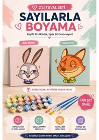 Resim Sayılarla Boyama 20x20 Cm Tuval Seti 2 Adet Tuval Fırça Boya Dahil Çıtaya Gerili - Tavşan Tilki 2'li 