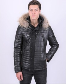 Resim New Zaya Leather Erkek Kapüşonlu Şişme Deri Mont Siyah 