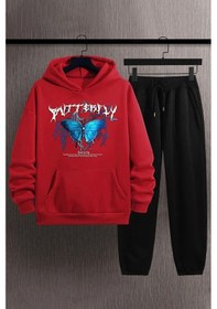 Resim Uyguntarz Unisex Blue Butterfly Baskılı Eşofman Takımı Kırmızı 