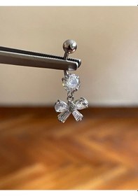 Resim 316 L Cerrahi Çelik Baget Taşlı Fiyonk Göbek Piercingi Baget Taşlı Fiyonk Piercing Gümüş 