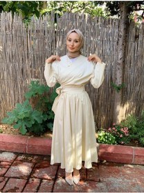Resim Butik Moda Etkm001 Üstü Bağlamalı Eteği Yandan Fermuarlı Takım Bej 001 