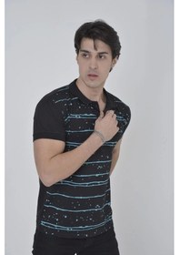 Resim Erkek Yakalı Slim Fit Pike Çizgili T-shirt - Siyah 