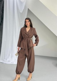 Resim Neşeli Butik kadın kahverengi kuşak detaylı oversize şalvar pantolon blazer ceket takım NBNP023 