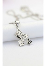 Resim Nano Siyah Taşlı Yapraklı Kelebek Gümüş Kolye-Silver 