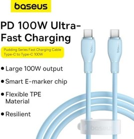 Resim Baseus Pudding Hızlı Şarj Özellikli Type-C to Type-C Kablo 100W, 1.2 Metre, Mavi 