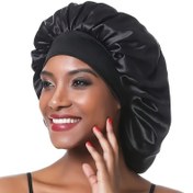 Resim ZTZI Kadınlar için Gece Kullanımı veya Stil İçin Geniş Elastik Bantlı Jumbo Yeniden Kullanılabilir Saç Koruma Bone - Siyah Pürüzsüz Polyester Kumaş 
