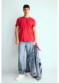 Resim Defacto %100 Pamuk Boxy Fit Bisiklet Yaka Basic Düz Kısa Kollu Tişört D6070ax25sprd62 Kırmızı 