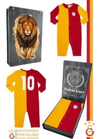 Resim Galatasaray Lisanslı Uzun Kol Sarı Kırmızı Bebek Tulum Aslan Baskılı Ahşap Kutulu Sarı - Kırmızı 